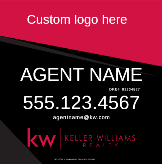 Real estate agent business card with red top area, showing 'AGENT NAME', phone 555.123.4567, email agentname@kw.com, and Keller Williams Realty logo (kw).