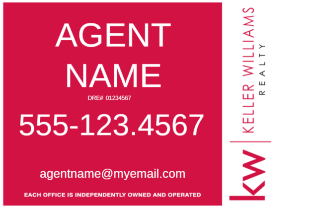 Red square real estate card with agent NAME, DRE# 01234567, phone 555-123-4567, and email agentname@myemail.com; Keller Williams logo on the right edge.