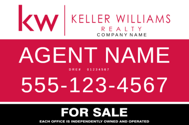 Keller Williams Realty agent sign: red banner with 'AGENT NAME' and phone 555-123-4567, plus a black 'FOR SALE' strip below.