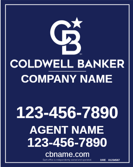 Blue Coldwell Banker real estate sign with logo, placeholder company name, agent name, two phone numbers, and cbname.com link for contact info.