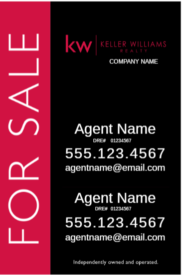 For-sale real estate flyer with a magenta left bar and two agent contact blocks (names, licenses, phone numbers 555.123.4567, emails) and the KW Realty logo.