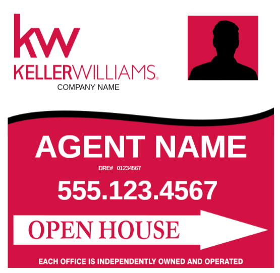 Keller Williams agent sign with red OPEN HOUSE banner, agent name, phone 555.123.4567, and silhouette photo area at top right.
