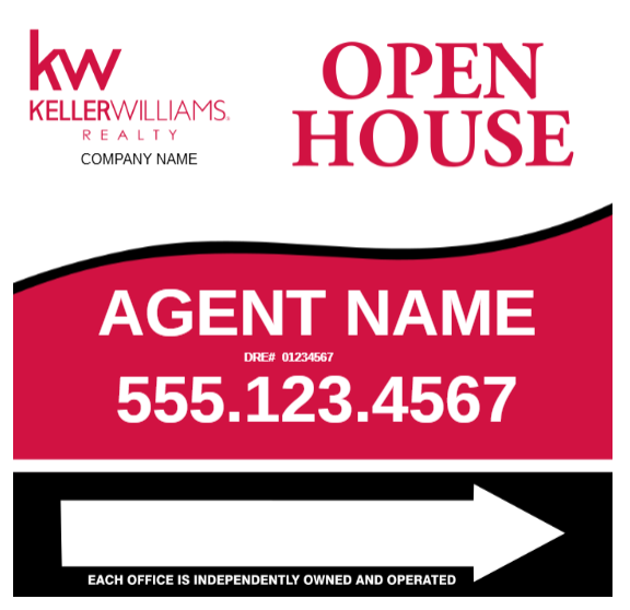 Keller Williams Open House sign with agent name, phone number, and a curved red banner highlighting the contact info.