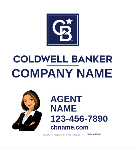 Coldwell Banker business card with logo, company name, cartoon female agent, agent name, phone 123-456-7890, and cbname.com; small DRE line at the bottom.