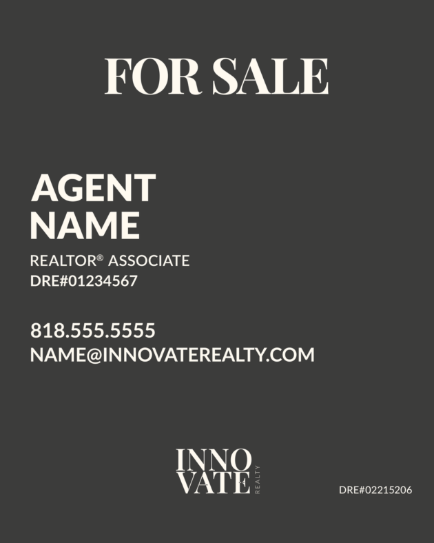 For sale sign with agent name, Realtor Associate license, phone number, email, and Innovate Realty logo (DRE #02215206).