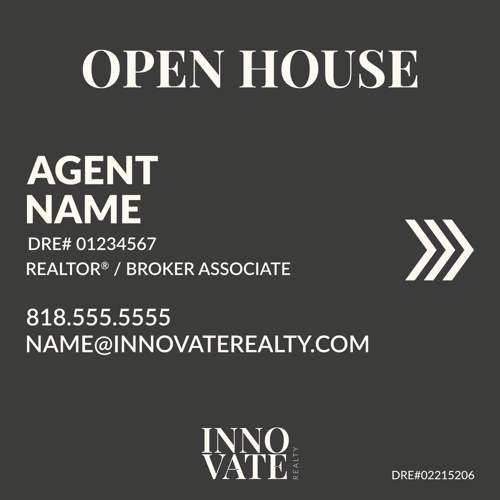 OH2424 Template 8282026-01 - ARTO SIGN CO Open House flyer/card featuring agent contact info: 'OPEN HOUSE' at top, agent name, DRE# 01234567, 'REALTOR / BROKER ASSOCIATE', phone 818.555.5555, email NAME@INNOVATEREALTY.COM, Innovate Realty logo at bottom, DRE#02215206 on bottom right.
