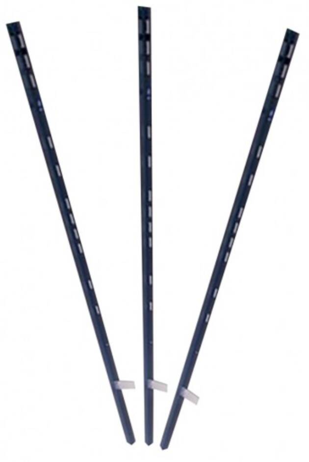 Three blue tent poles arranged in a fan shape, with white tape near the bottom ends.
